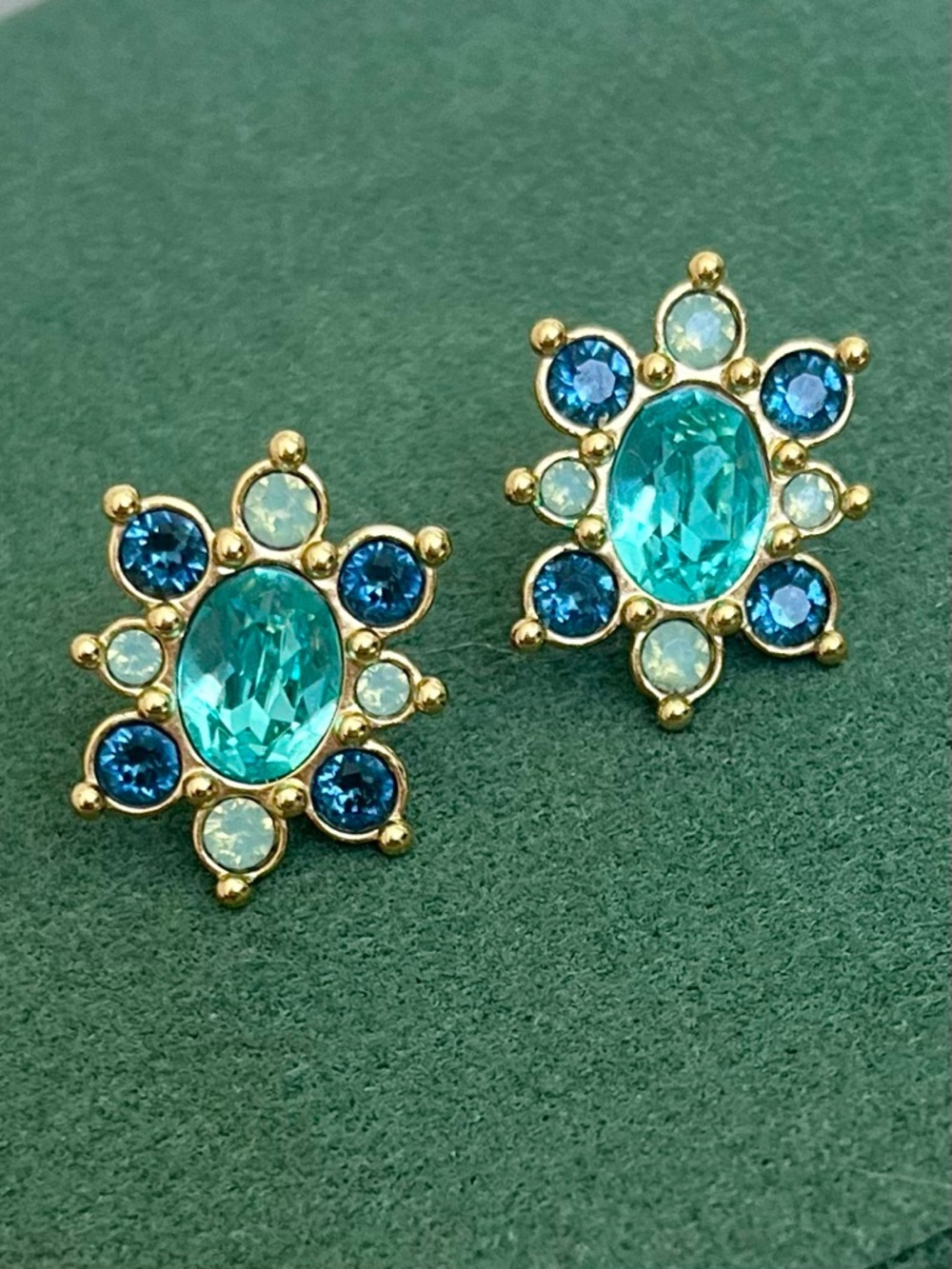 Swarovski Gold Teal & Blue Crystal & Opal Flower Burst Statement Stud Earrings
